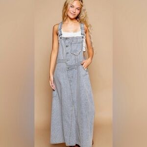 POL Brand New Striped Denim Patchwork Overall Maxi Dress Size Large